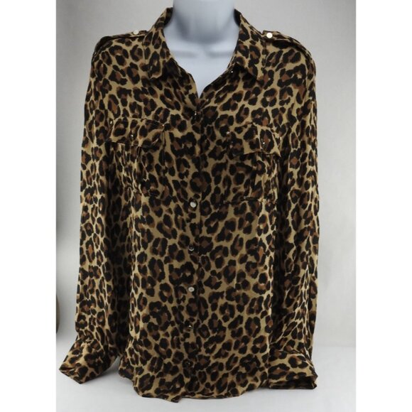 White House Black Market Leopard Print Silk Button Front Blouse Sz 10 Cheetah - Picture 9 of 9